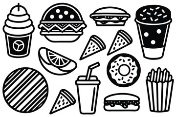 Outline Fast Food Doodles – Black Line Vector Silhouettes of Takeaway Meals