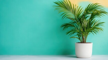 An exotic green plant in a white pot is set against a soft teal backdrop, creating a calming yet vibrant scene that enhances any indoor living space with a touch of nature.