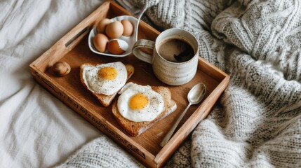 Cozy breakfast in bed: fried eggs on toast, coffee, and a warm blanket. Simple joys.