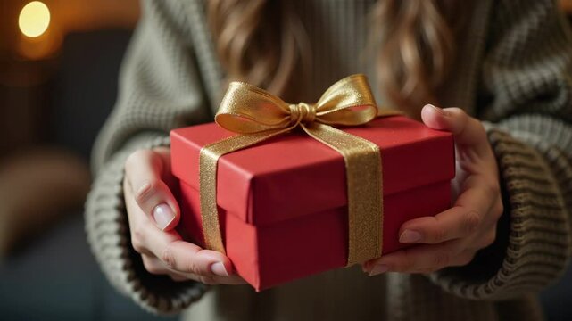 Woman happily presenting a gift in cozy indoor setting  