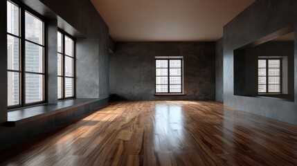 Fototapeta premium Empty room with hardwood floors and large windows offering city views. Dark, moody interior with textured walls.