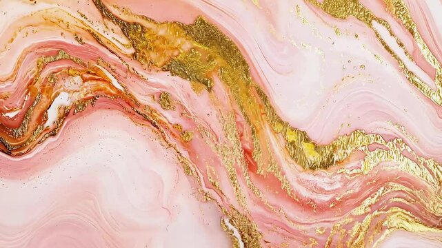 This close-up reveals a stunning rose gold marble slab showcasing natural fluid patterns and a subtle sparkle. The reflective finish enhances the warm blush hues, creating an elegant visual impact.