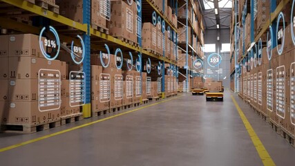 Warehouse Digitization and Digital Automation: AGV robots transporting cardboard boxes in logistics center. Graphic effects visualize optimized warehouse management. 3d rendering animation. - Powered by Adobe