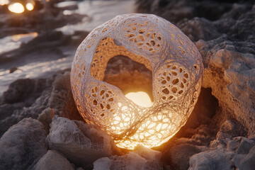 Intricate digitally rendered fractal sphere glowing softly against a rocky backdrop during twilight
