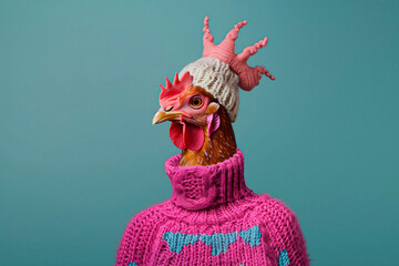 Stylish Chicken Wearing a Pink Sweater and Beanie Against a Blue Background