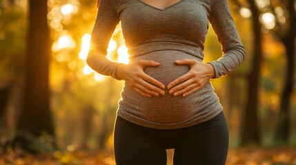 Expecting mother cradles her baby bump in a serene forest at sunset