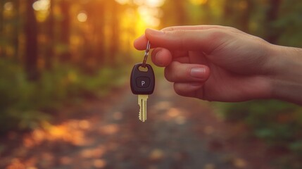 Hand Holding Car Key on Scenic Forest Path at Sunset