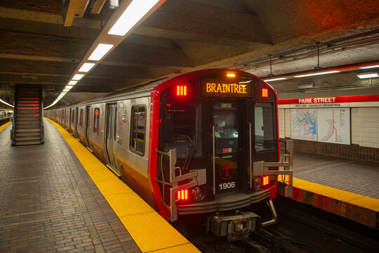 Boston MBTA Red Line CRRC 1900 series train at Park Street Station interior in downtown Boston, Massachusetts MA, USA. 