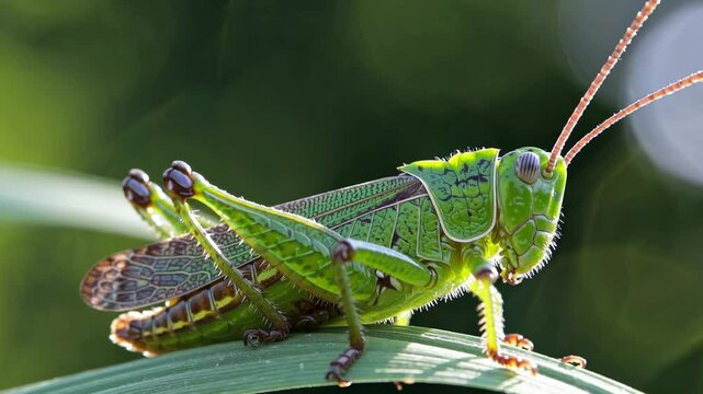 Close-up video of a vibrant green grasshopper on a leaf, captured from a side angle, highlighting intricate details and textures.