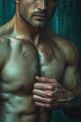 Naklejka premium Muscular Male Torso: Fit Man Displaying Strength and Masculinity in Dramatic Lighting