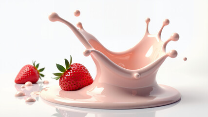 milk or yogurt splash with strawberries isolated on white background, 3d rendering.
