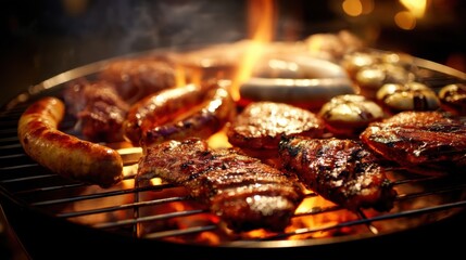 Meat and sausages on a barbecue grill with flames, ready to serve and eat outdoors.