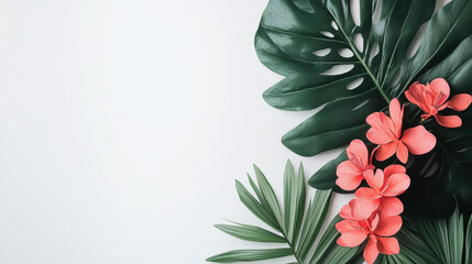 Fototapeta premium Lush vibrant coral flowers and tropical monstera leaves arranged on a minimalist off-white background creating a summery botanical flat lay design perfect for invitations or social