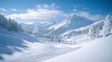 Stunning winter mountain landscape with snow covered peaks and trees sky icy fir cold blue calm pine