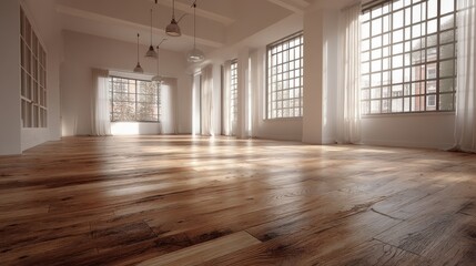 Obraz premium Sunlit spacious room with hardwood floors and sheer curtains. The natural light creates a serene atmosphere.