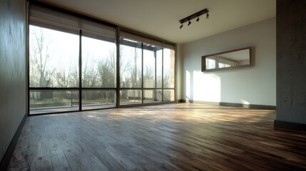 Fototapeta premium Sunlit empty room with hardwood floors and large windows offering a view of trees. The minimalist design features a long mirror on the wall.