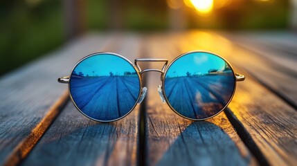 Reflective Sunglasses on Wooden Table at Sunset Capturing a Serene Landscape View