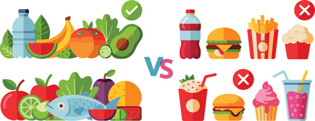  Healthy vs Unhealthy Food: Fruits, Vegetables, and Water vs Soda, Fast Food, and Junk