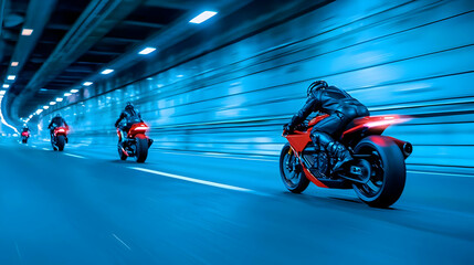 Obraz premium Motorcycles Racing Through A Blue Tunnel At Night