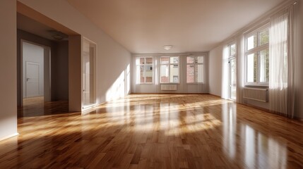 Fototapeta premium Sunlit empty room with hardwood floors and large windows. Bright, airy, and spacious, perfect for new beginnings.