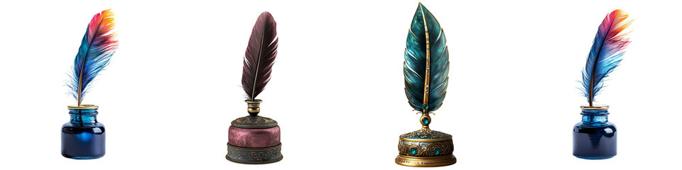 set of Elegant feather quill with blue-gold gradient, blue-gold gradient quill pen on vintage ink stand, on a transparent backgrounds.