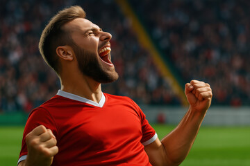 Ecstatic Soccer Player Celebrating Victory on Stadium Field Wearing Red Jersey with Crowd in Background