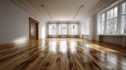 Fototapeta premium Sunlit empty room with hardwood floors and large windows. Perfect for a new home or rental listing.