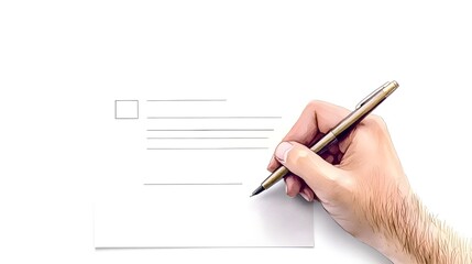 A hand holding a pen writes on a blank card, conveying a sense of communication or personal message preparation.