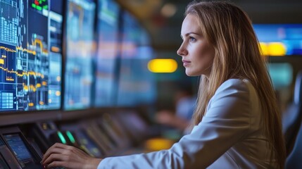A focused female operator monitors multiple data streams on a control panel.