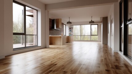 Fototapeta premium Spacious, bright living area with hardwood floors, large windows, and a modern kitchen. A perfect open-plan layout.