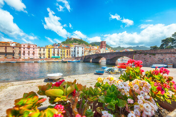 Unbelivable cityscape of Bosa town with Ponte Vecchio bridge across the Temo river.