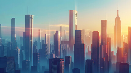 Fototapeta premium Futuristic or stylized city skyline illustration with towering skyscrapers piercing through haze at sunrise/sunset. Abstract, modern urban landscape concept. (Illustrative image) 