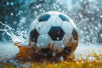 Soccer ball in the rain with drops of water on the grass. Soccer concept. Football Championship Concept. Football concept with copy space. 