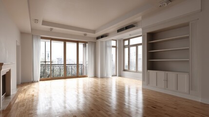 Fototapeta premium Empty, bright living room with hardwood floors, large windows, and built-in shelving. Natural light fills the spacious room, creating a calm and airy atmosphere.