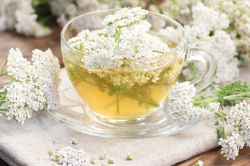 Yarrow flower tea in glass cup with plant, naturopathy and natural medicine concept