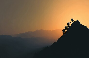 Teamwork Silhouette Mountain Sunset: Power & Inspiration