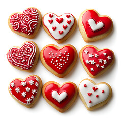 Fototapeta premium A collection of nine heart-shaped cookies, each decorated with unique red and white icing patterns.