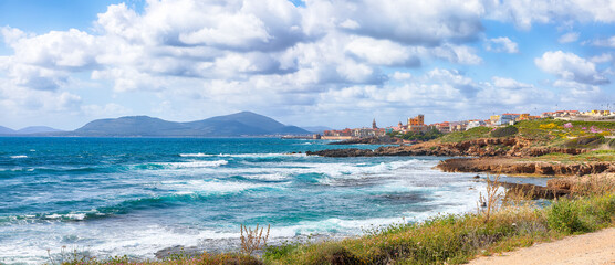 Fototapeta premium Unbelivable spring cityscape of Alghero town at morning.