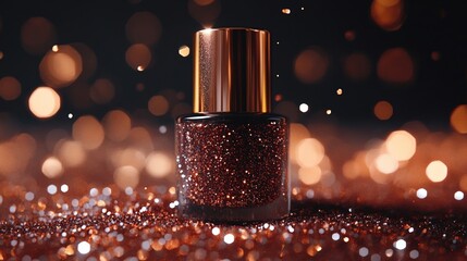 Sparkling metallic nail polish bottle with glitter in soft bokeh lighting