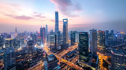 Obraz premium Aerial panoramic view of a sprawling modern metropolis skyline at twilight. Illuminated skyscrapers and complex road networks glow under a colorful sky. 