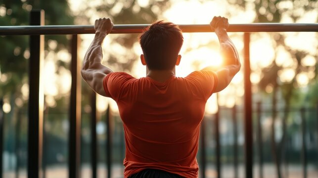 A man is captured doing pull-ups during sunrise, embodying strength and perseverance in a serene outdoor gym, representing a commitment to personal fitness. - Powered by Adobe