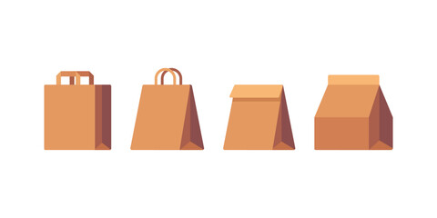 A flat illustration of brown paper bags in various styles arranged against a white backdrop.