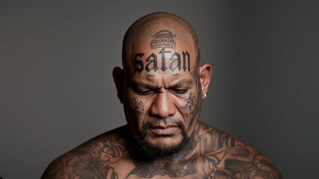 headshot mugshot of an evil gang member hispanic man looking at the camera with his body covered with satanic tattoos on gray background