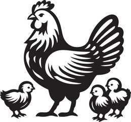 Silhouette vector of a hen with chicks, perfect for farm, animal, and family-themed designs. High-quality EPS file for various creative projects.