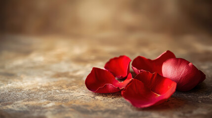 Several vibrant red rose petals scattered on a rustic brown textured surface create a romantic and delicate aesthetic perfect for Valentine&#x27;s Day cards or wedding invitations.