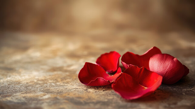 Several vibrant red rose petals scattered on a rustic brown textured surface create a romantic and delicate aesthetic perfect for Valentine's Day cards or wedding invitations.
