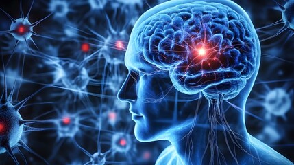 Obraz premium Human Brain and Neural Network: This image showcases the intricate structure of the human brain, a complex neural network with glowing synapses, symbolizing the mind's boundless potential.