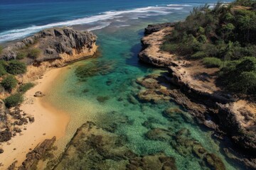 Obraz premium Aerial view of a tranquil beach with turquoise water, framed by rocky cliffs and lush greenery.