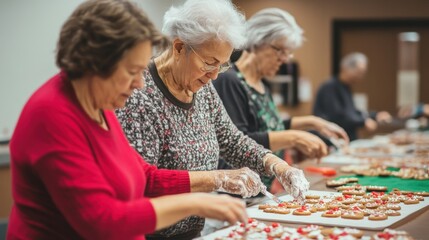 Senior citizens decorating christmas cookies in a communal setting.