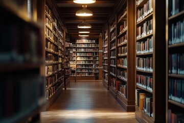 Rows of books create a tranquil atmosphere in a sunlight-filled library corridor